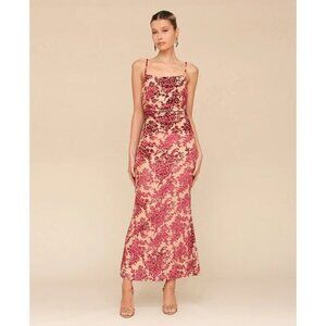 Avec Les Filles Shirred Burnout Floral Slip Dress Burgundy Nude Lined